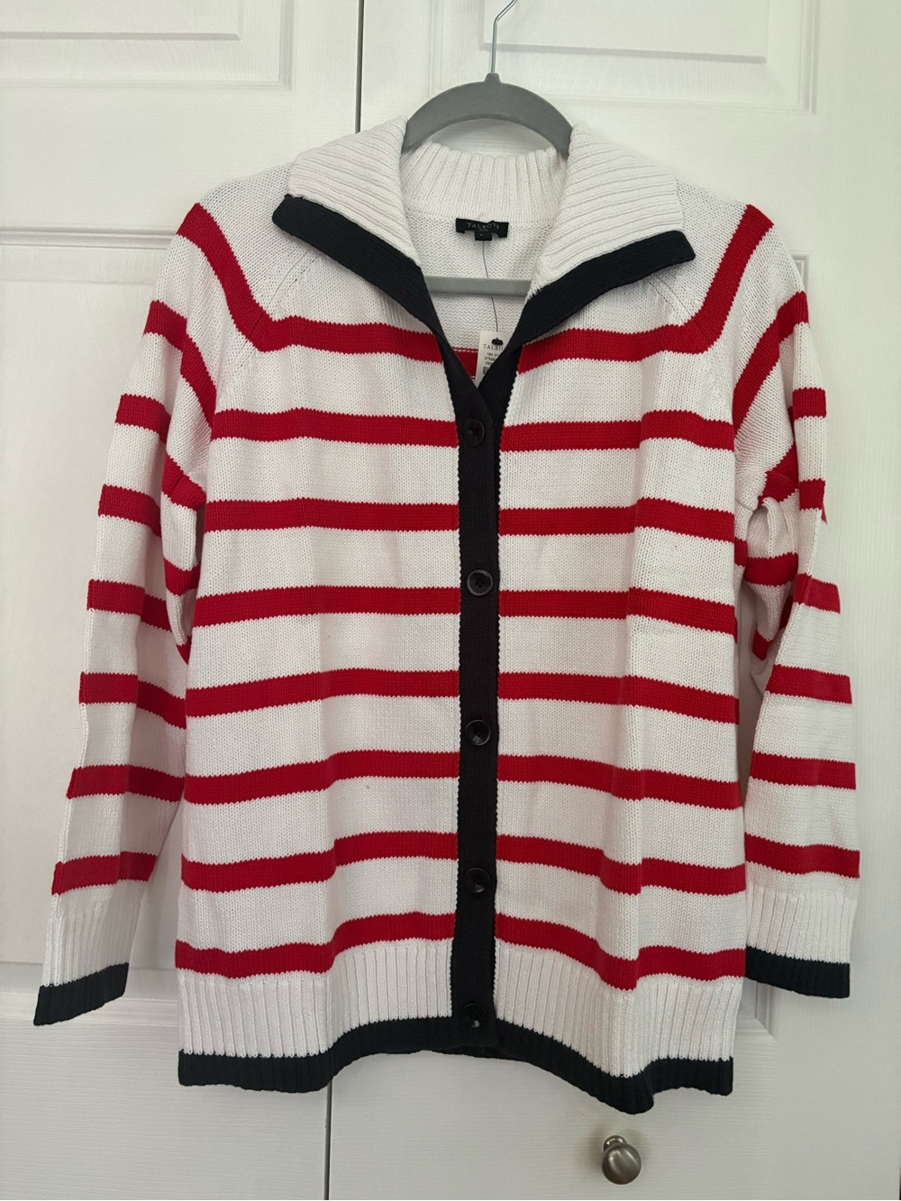 Talbots Red and White Striped Button-Up Cardigan with Black Trim